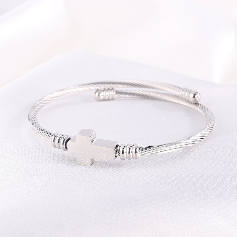 Twisted Cable Wire Charm Open Cuff Bracelet - Cross_2