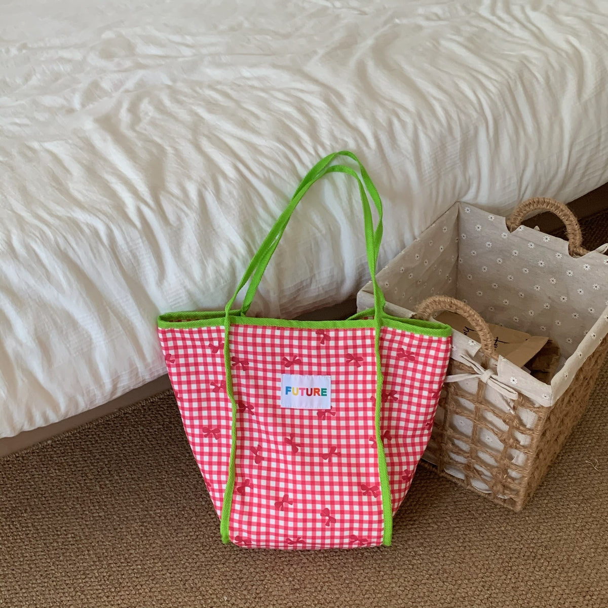 Gingham Plaid Quilted Beach Tote Bag - Color_3