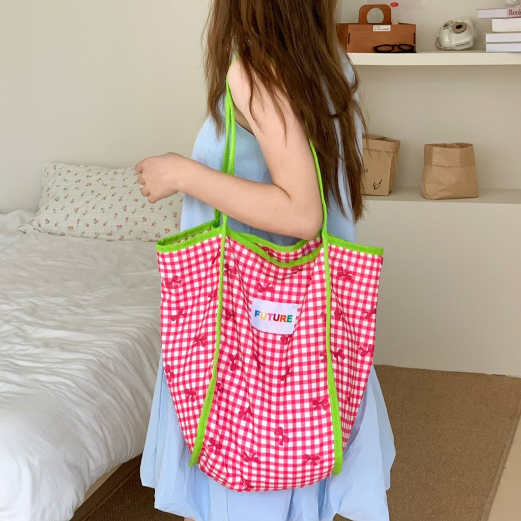 Gingham Plaid Quilted Beach Tote Bag