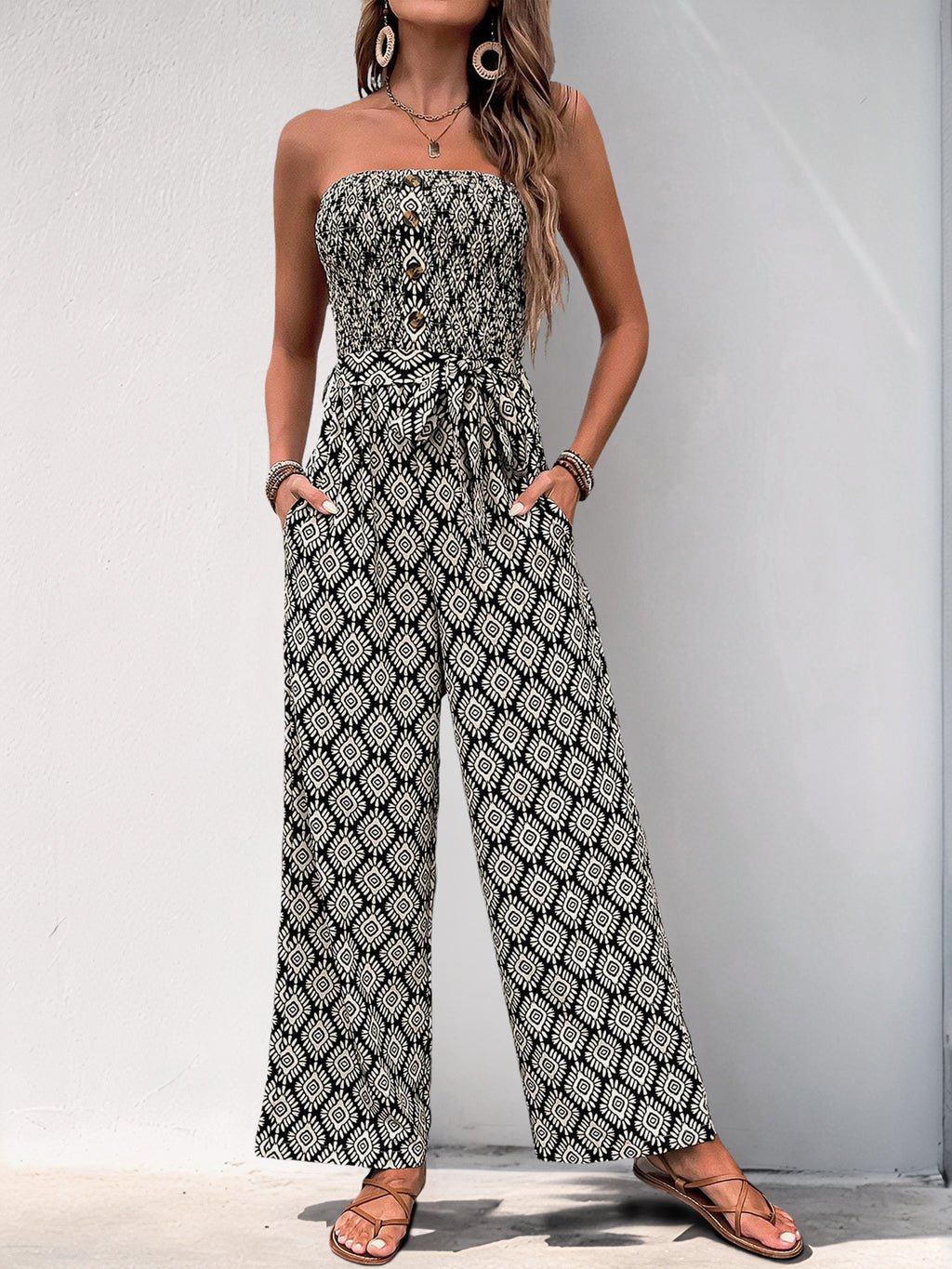 Strapless Geometric Print Wide Leg Jumpsuit - Black - 1