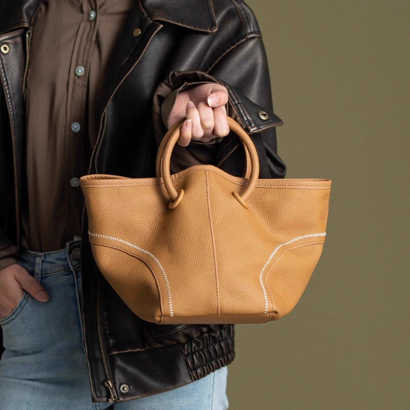 Pebbled Leather Ring Handle Bag with Crossbody Strap