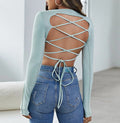 Lace Up Open Back Crop Top - Green