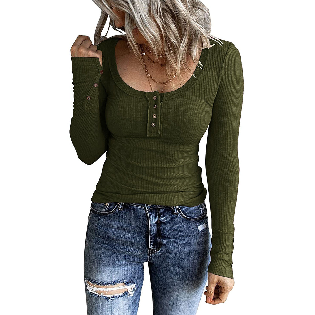 Ribbed Scoop Neck Button Placket Blouse - ArmyGreen