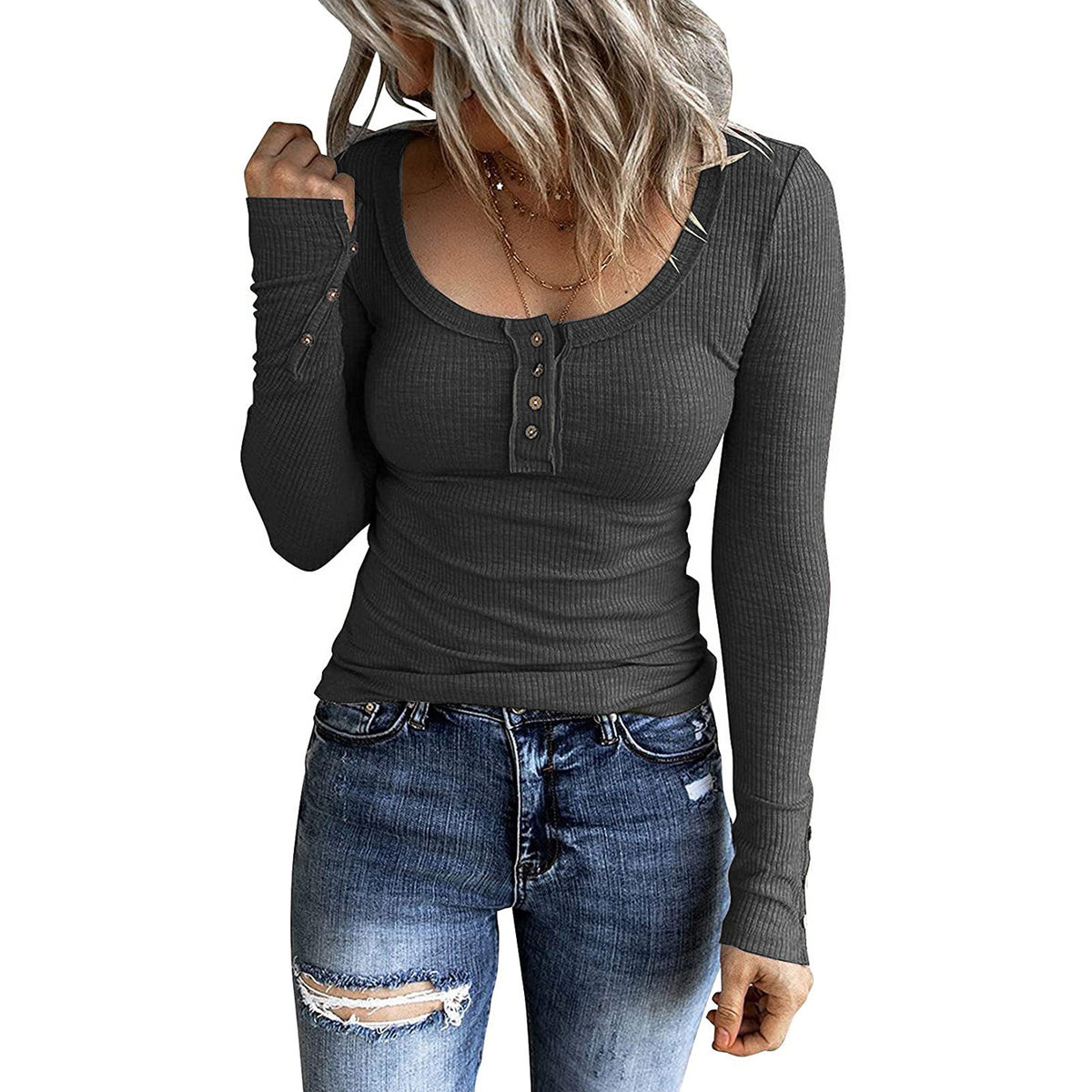 Ribbed Scoop Neck Button Placket Blouse - Grey