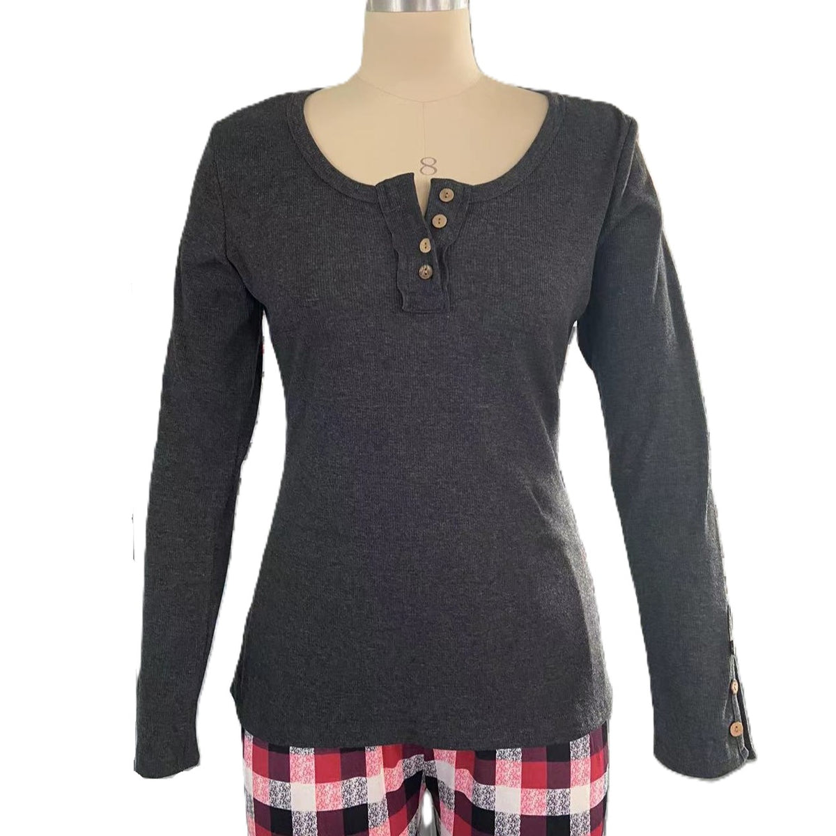Ribbed Scoop Neck Button Placket Blouse - Grey - 1