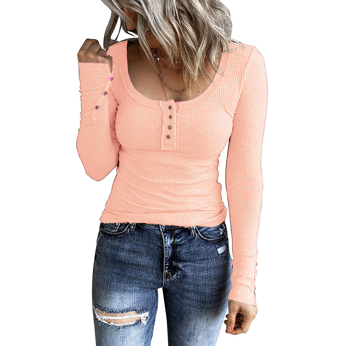 Ribbed Scoop Neck Button Placket Blouse - LtPink