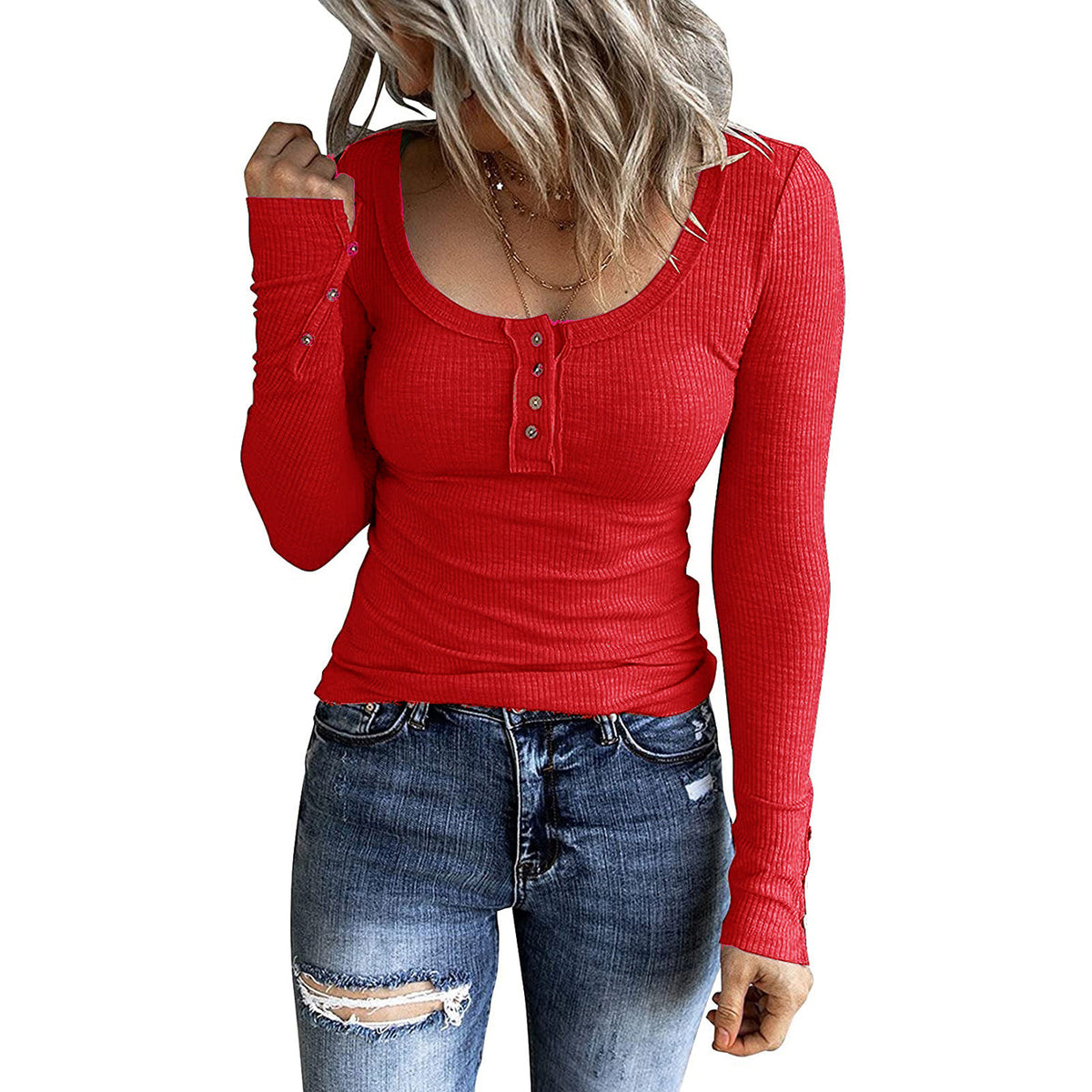 Ribbed Scoop Neck Button Placket Blouse - Red