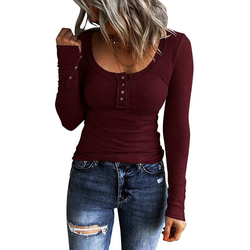 Ribbed Scoop Neck Button Placket Blouse - WineRed