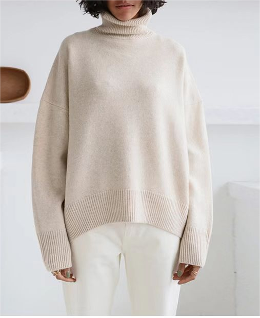 Oversized Roll Neck Drop Shoulder Sweater - Apricot - 1