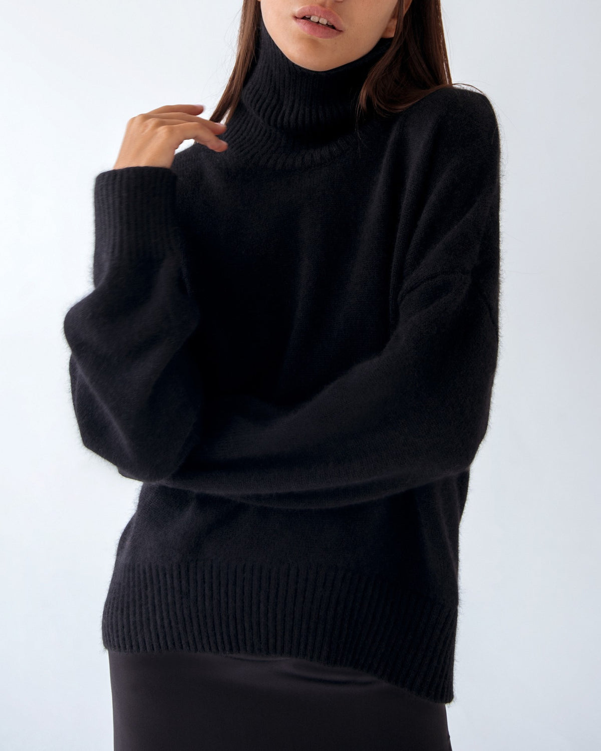 Oversized Roll Neck Drop Shoulder Sweater - Black