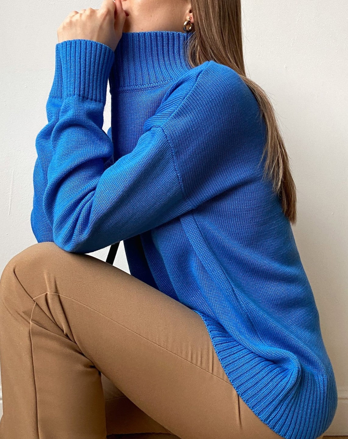 Oversized Roll Neck Drop Shoulder Sweater - Blue - 1
