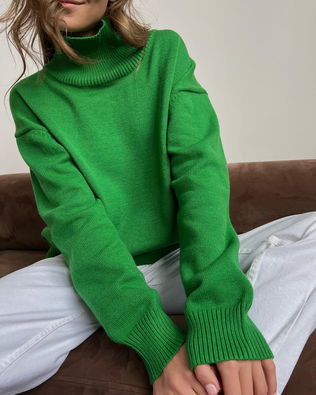 Oversized Roll Neck Drop Shoulder Sweater - Green