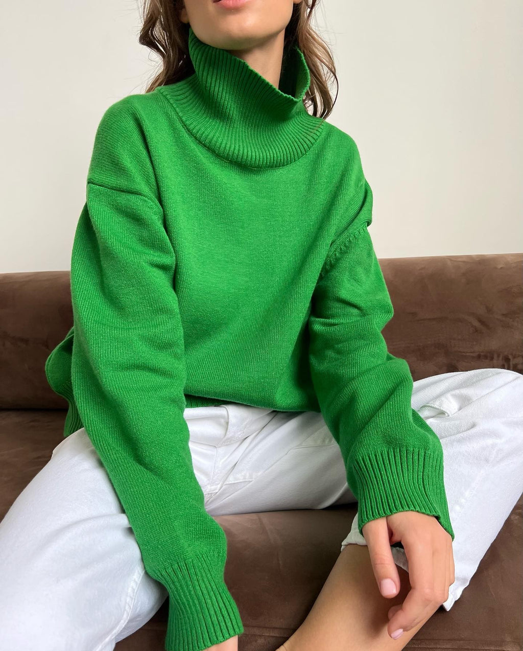 Oversized Roll Neck Drop Shoulder Sweater - Green - 1