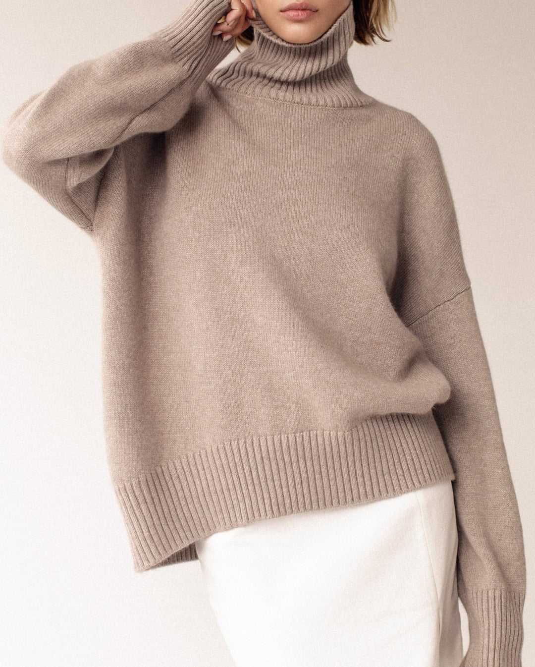 Oversized Roll Neck Drop Shoulder Sweater - Khaki - 1