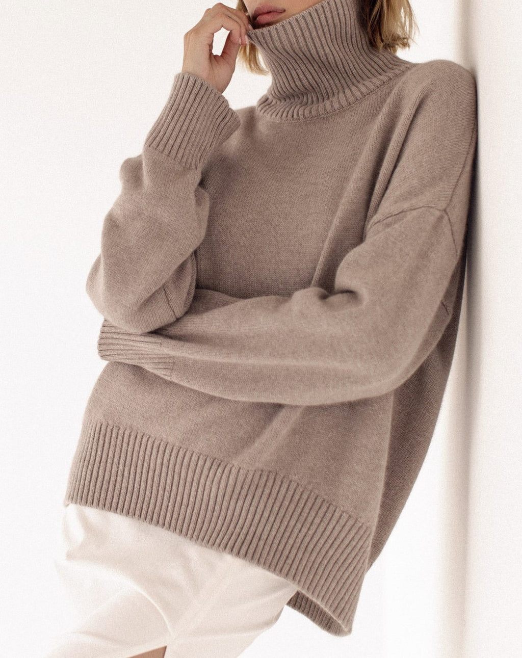 Oversized Roll Neck Drop Shoulder Sweater - Khaki - 2