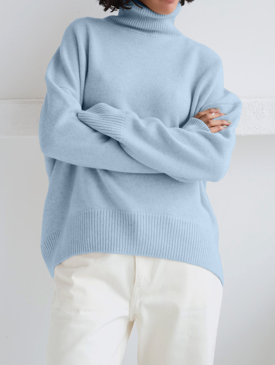 Oversized Roll Neck Drop Shoulder Sweater - Lightblue