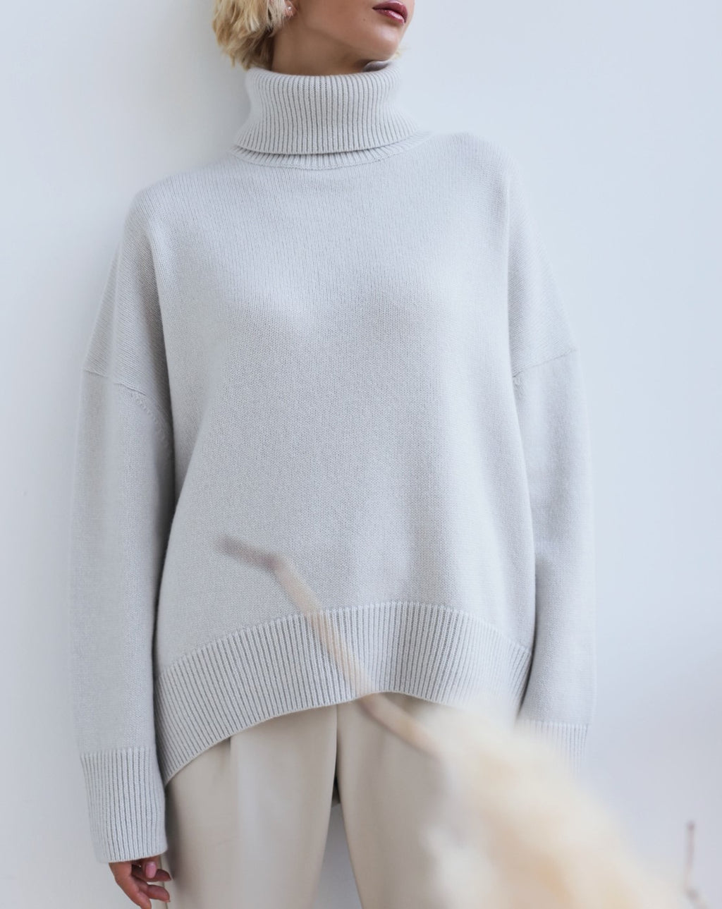 Oversized Roll Neck Drop Shoulder Sweater - Lightgrey - 1