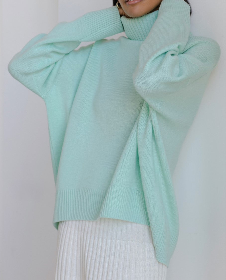 Oversized Roll Neck Drop Shoulder Sweater - Mintgreen
