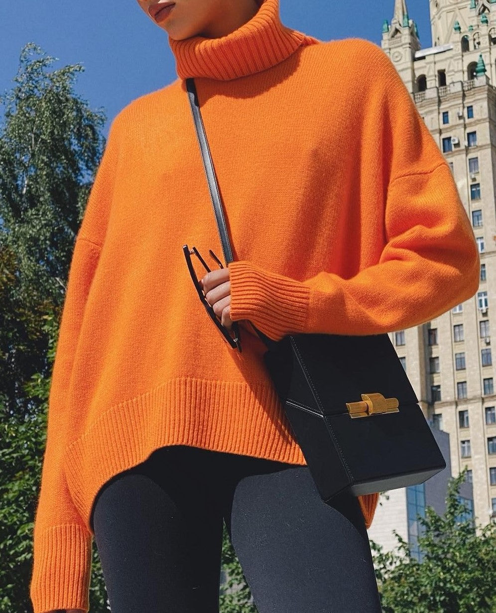 Oversized Roll Neck Drop Shoulder Sweater - Orange - 1