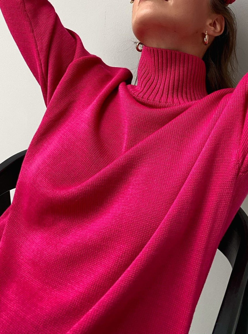 Oversized Roll Neck Drop Shoulder Sweater - Rosered