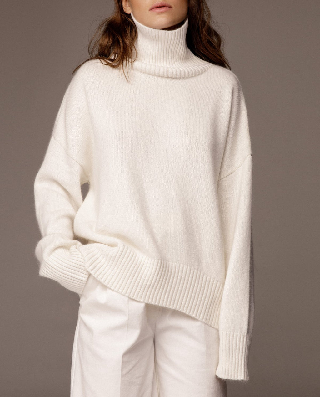 Oversized Roll Neck Drop Shoulder Sweater - White - 1