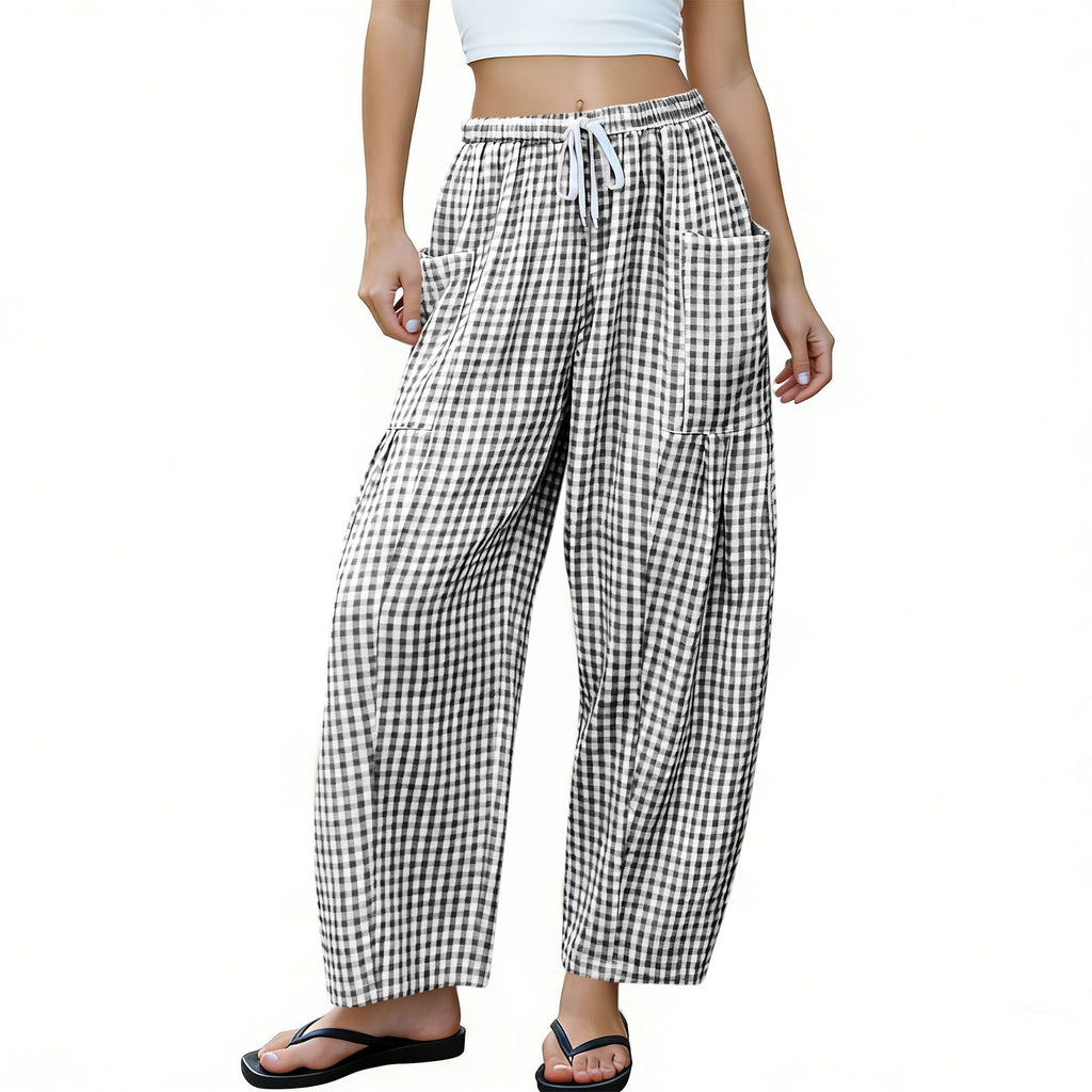 Gingham Plaid Barrel-Leg Casual Wide-Fit Trousers - Black