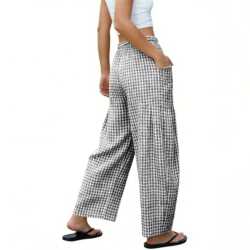 Gingham Plaid Barrel-Leg Casual Wide-Fit Trousers - Black - 3