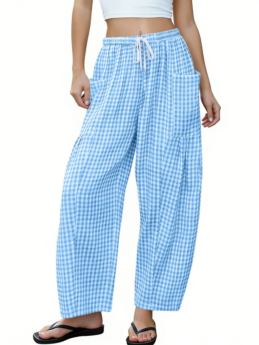 Gingham Plaid Barrel-Leg Casual Wide-Fit Trousers - Blue