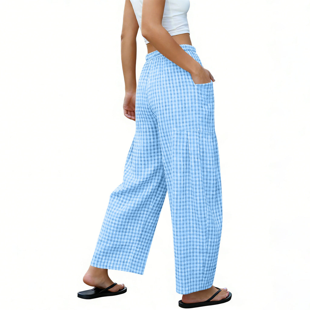 Gingham Plaid Barrel-Leg Casual Wide-Fit Trousers - Blue - 2