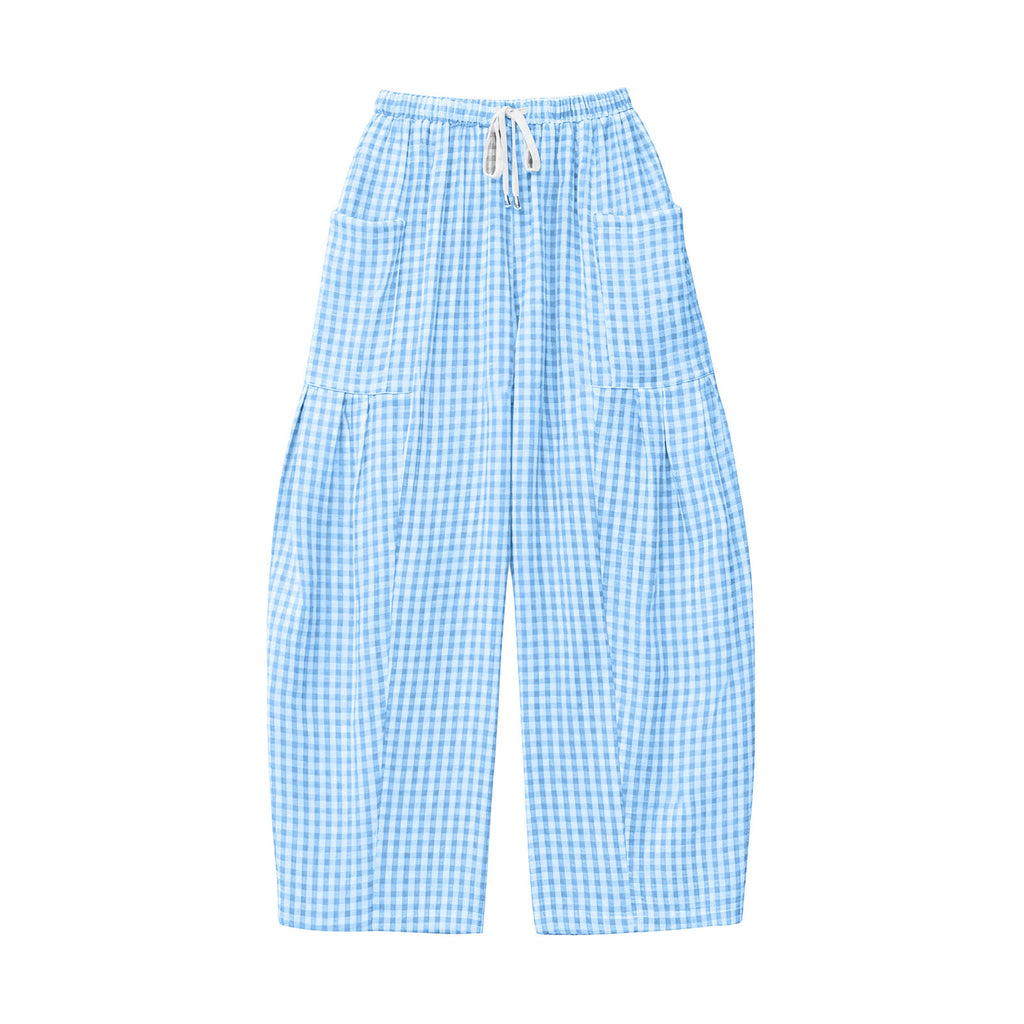 Gingham Plaid Barrel-Leg Casual Wide-Fit Trousers - Blue - 3
