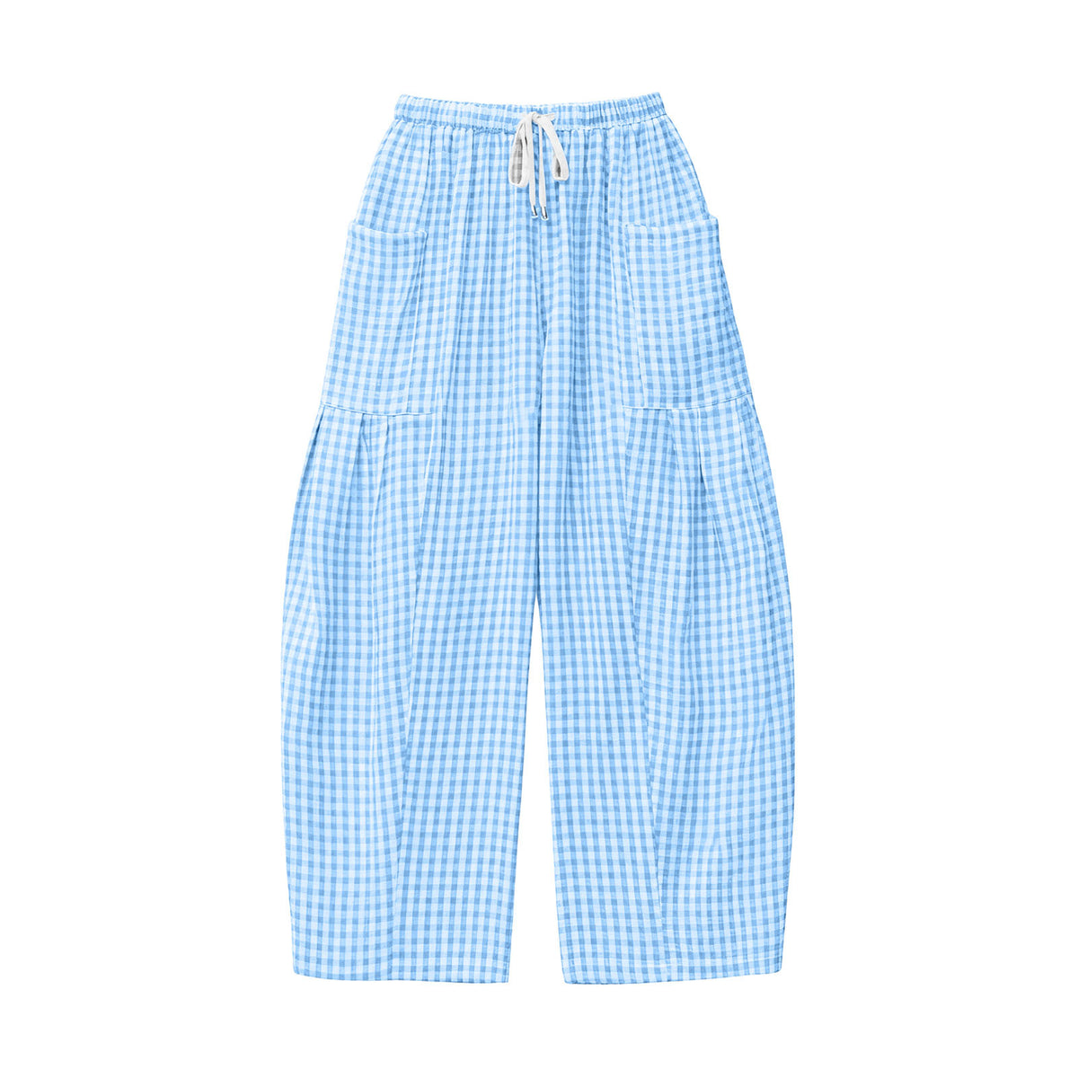 Gingham Plaid Barrel-Leg Casual Wide-Fit Trousers - Blue - 3