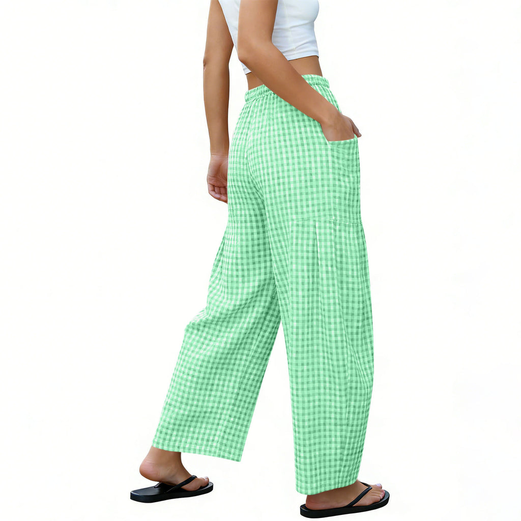 Gingham Plaid Barrel-Leg Casual Wide-Fit Trousers - Green - 2