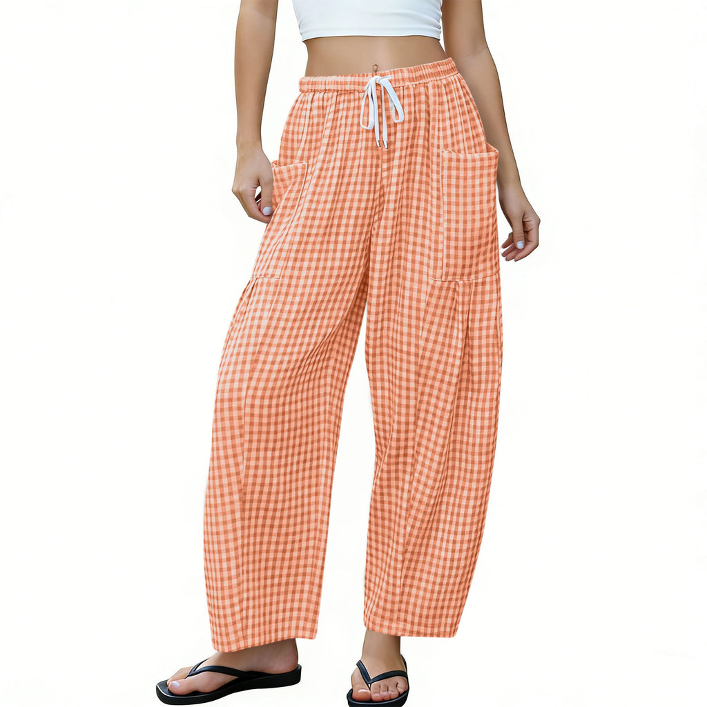 Gingham Plaid Barrel-Leg Casual Wide-Fit Trousers - Orange