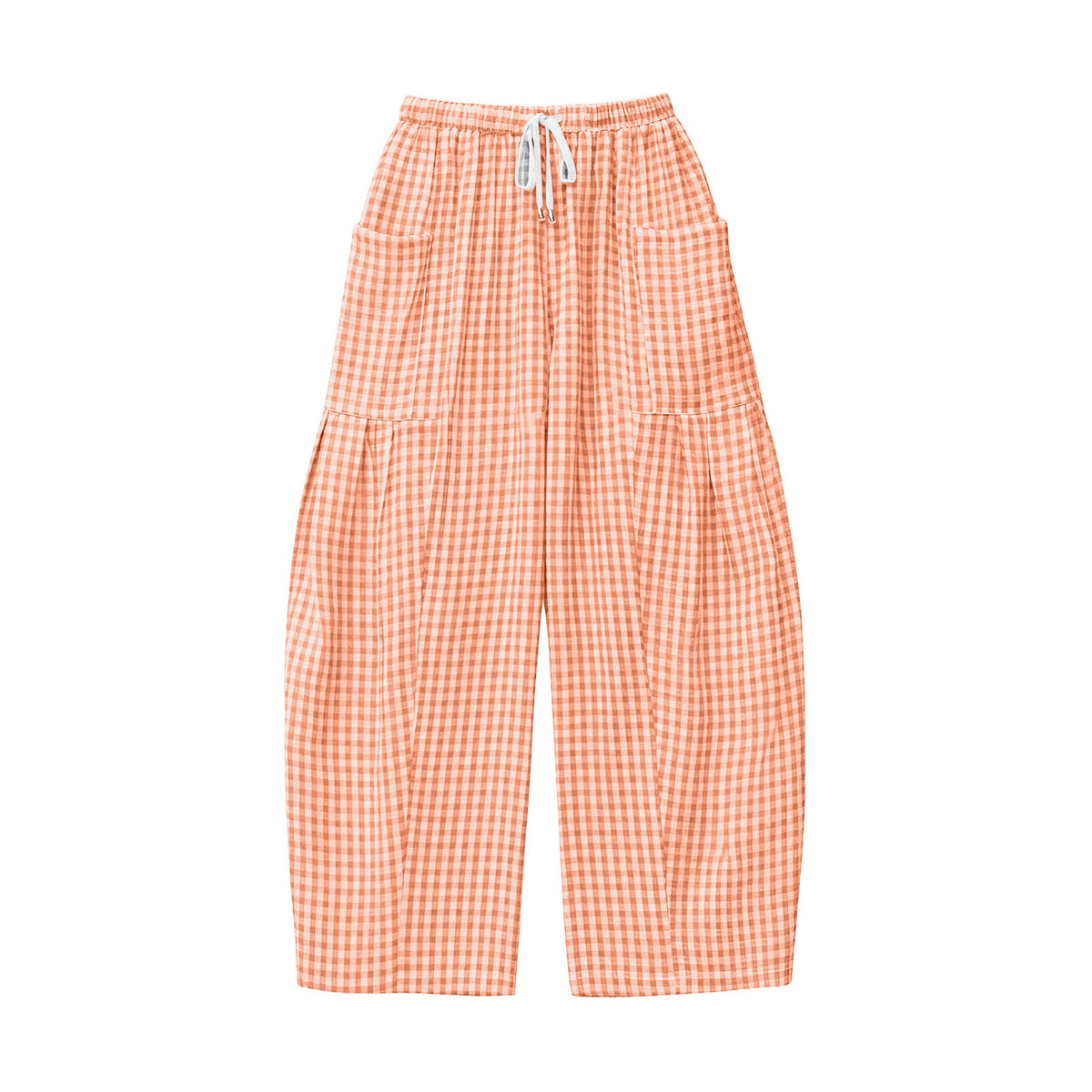Gingham Plaid Barrel-Leg Casual Wide-Fit Trousers - Orange - 2