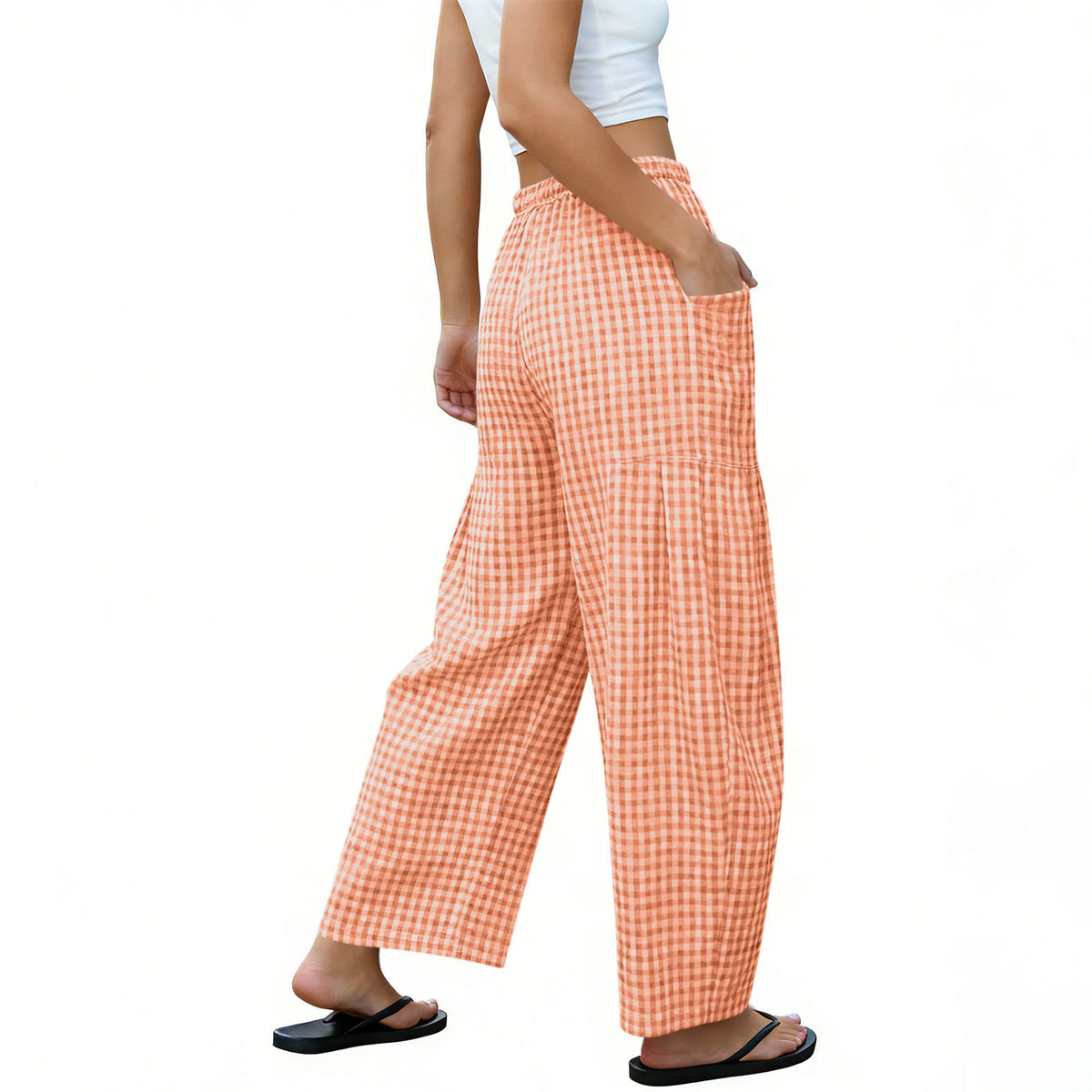 Gingham Plaid Barrel-Leg Casual Wide-Fit Trousers - Orange - 3