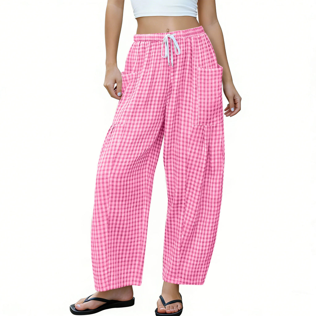 Gingham Plaid Barrel-Leg Casual Wide-Fit Trousers - Pink