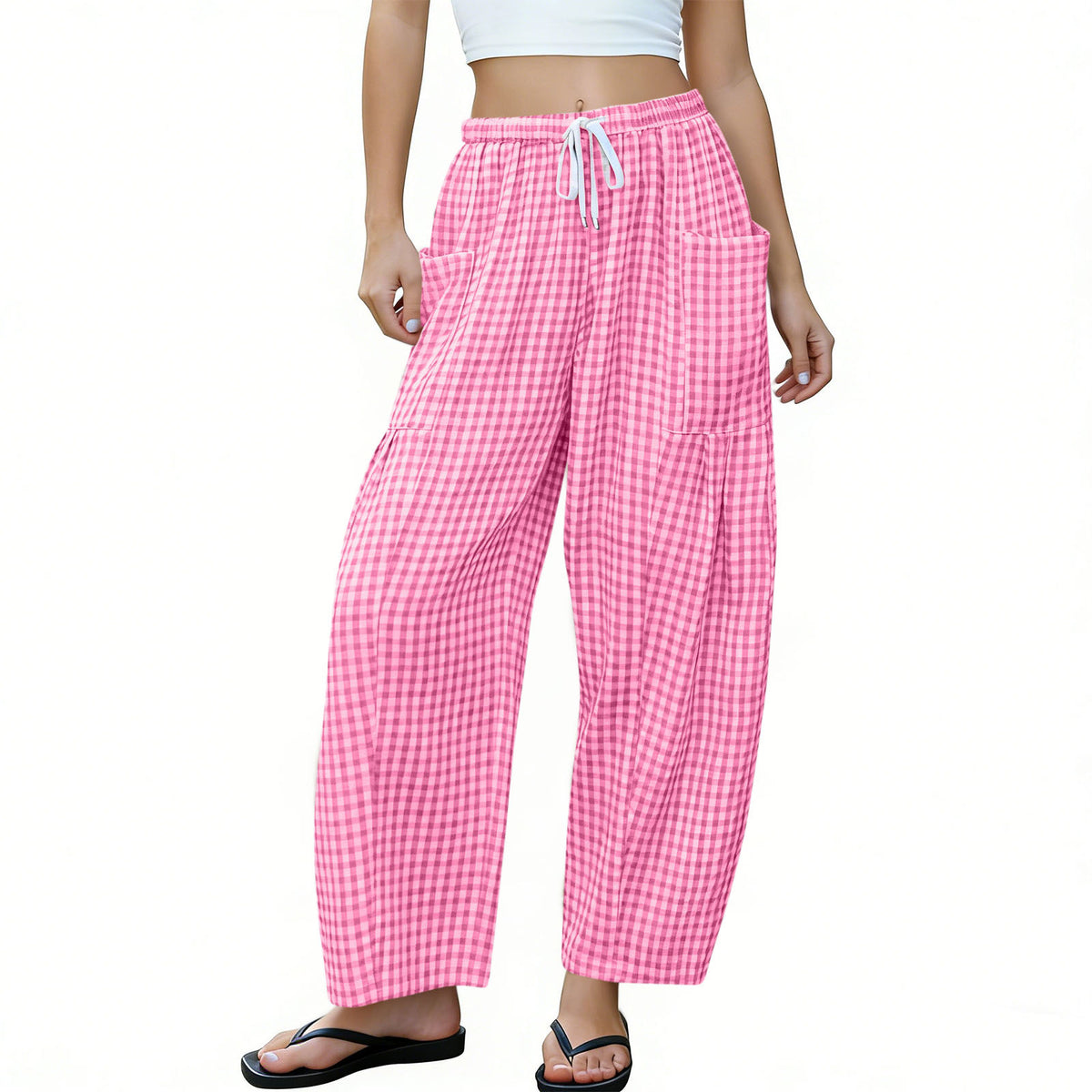 Gingham Plaid Barrel-Leg Casual Wide-Fit Trousers - Pink