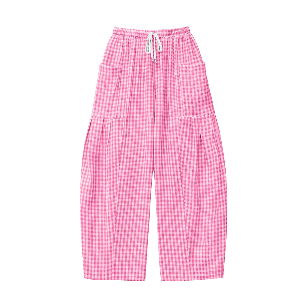 Gingham Plaid Barrel-Leg Casual Wide-Fit Trousers - Pink - 2