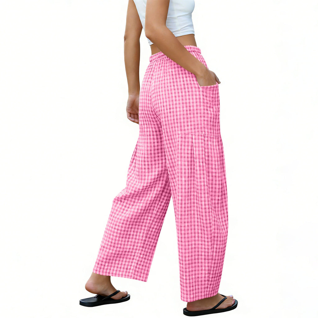 Gingham Plaid Barrel-Leg Casual Wide-Fit Trousers - Pink - 3