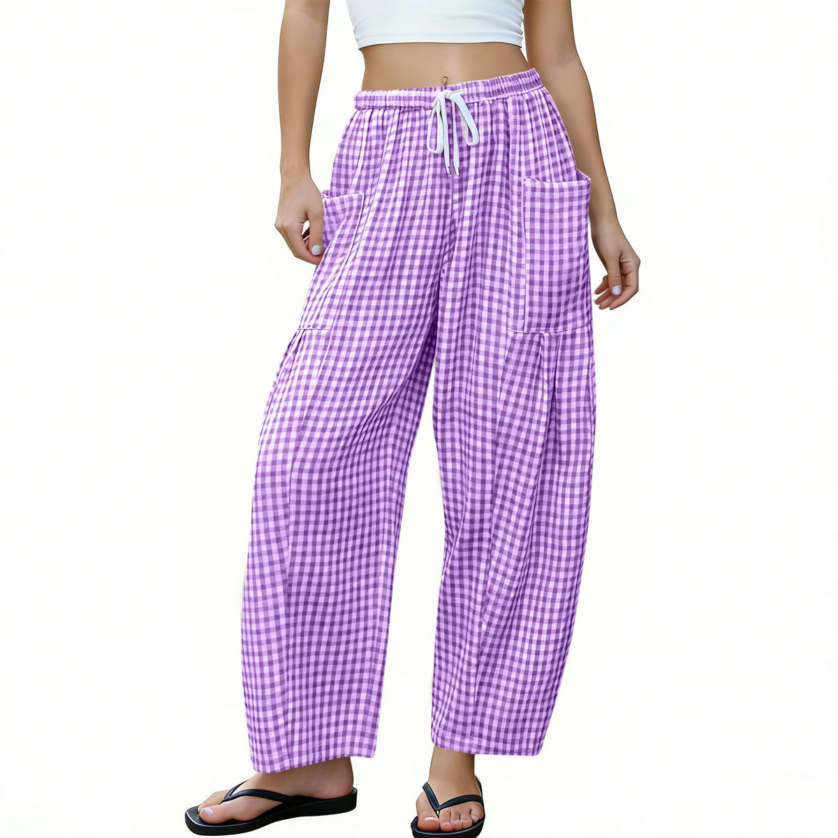 Gingham Plaid Barrel-Leg Casual Wide-Fit Trousers - Purple