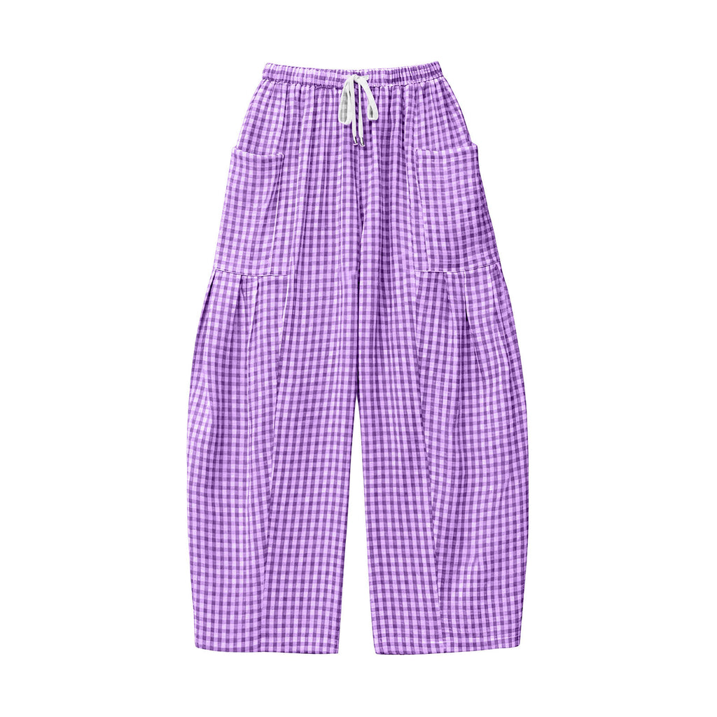 Gingham Plaid Barrel-Leg Casual Wide-Fit Trousers - Purple - 2