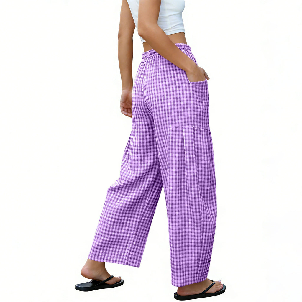 Gingham Plaid Barrel-Leg Casual Wide-Fit Trousers - Purple - 3