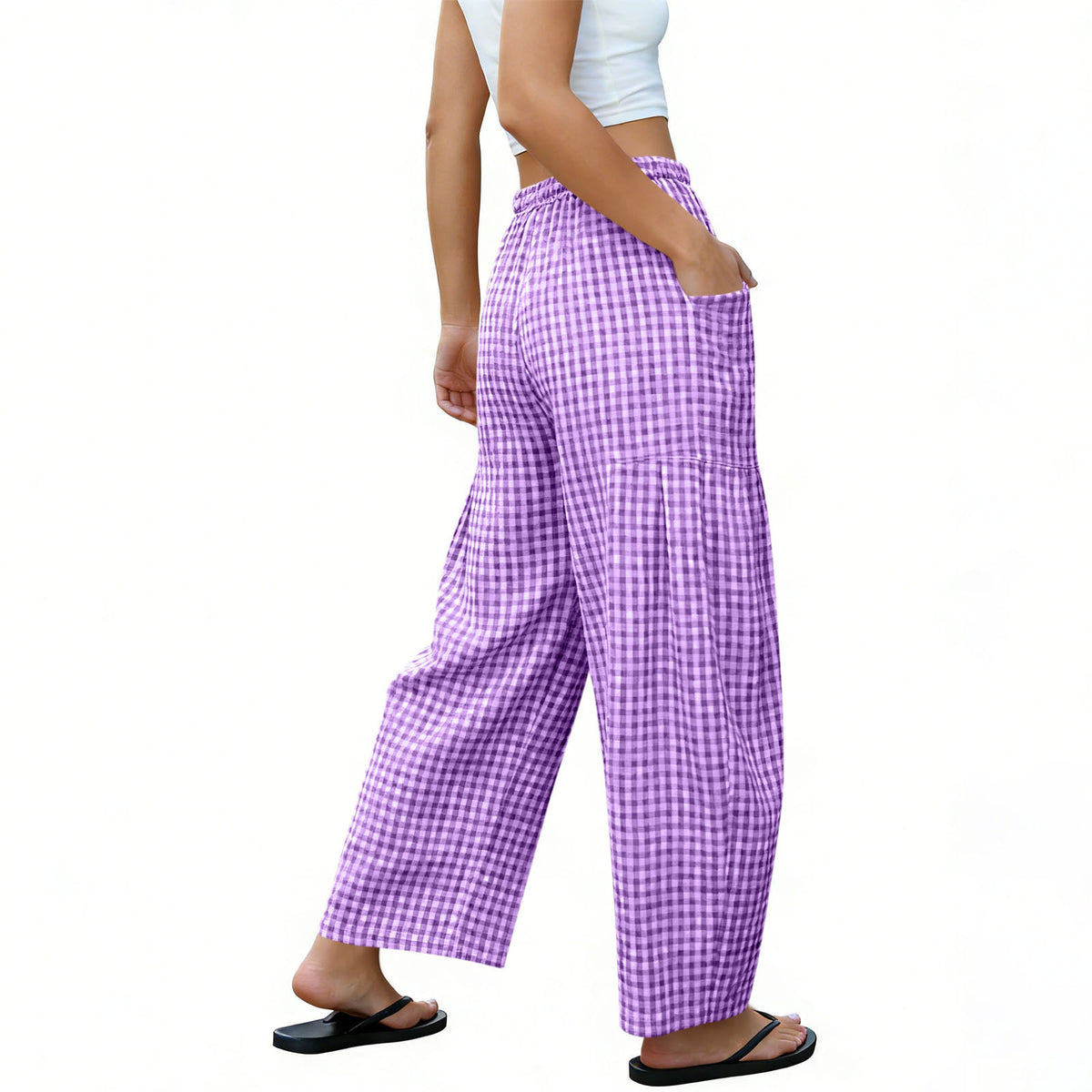Gingham Plaid Barrel-Leg Casual Wide-Fit Trousers - Purple - 3