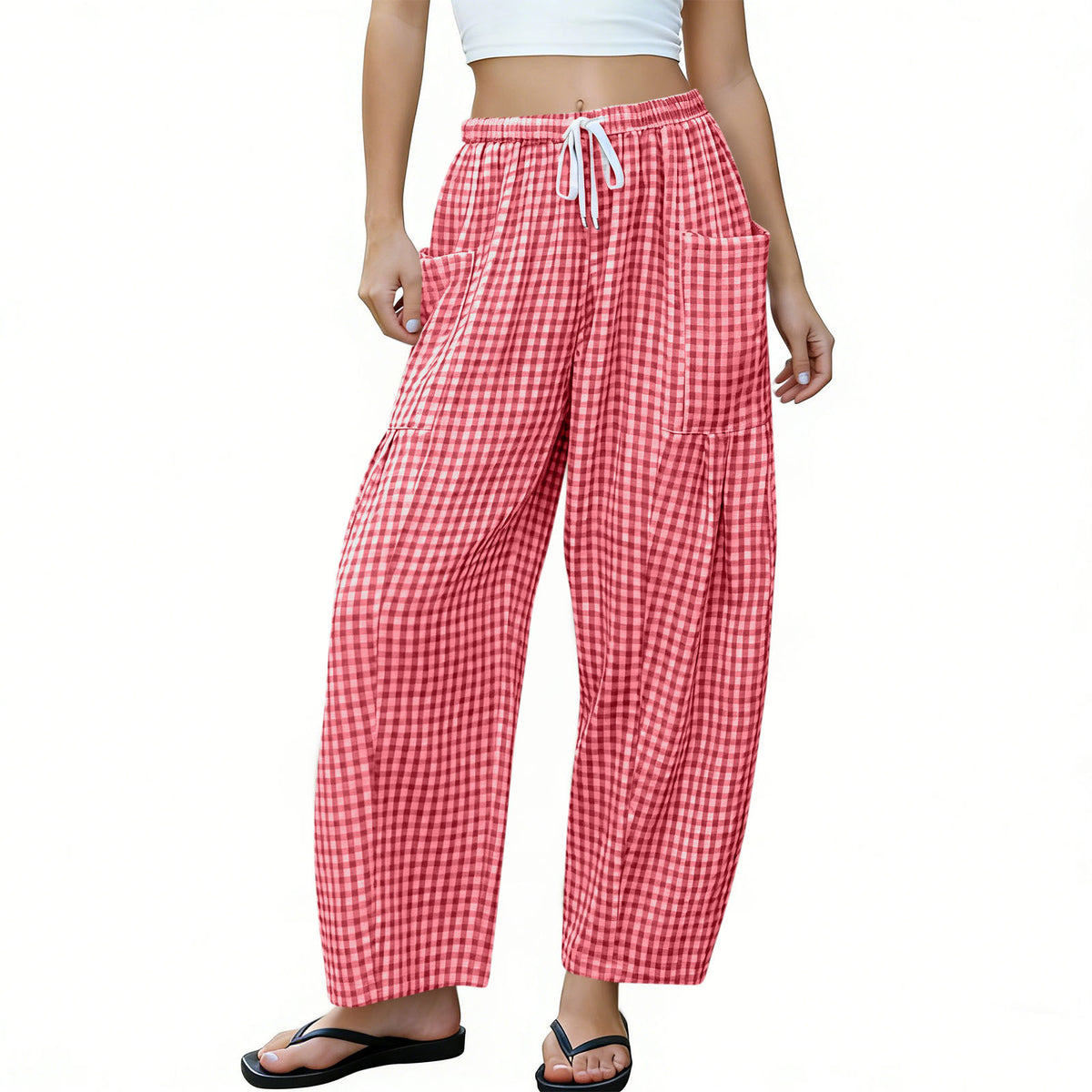 Gingham Plaid Barrel-Leg Casual Wide-Fit Trousers - Red