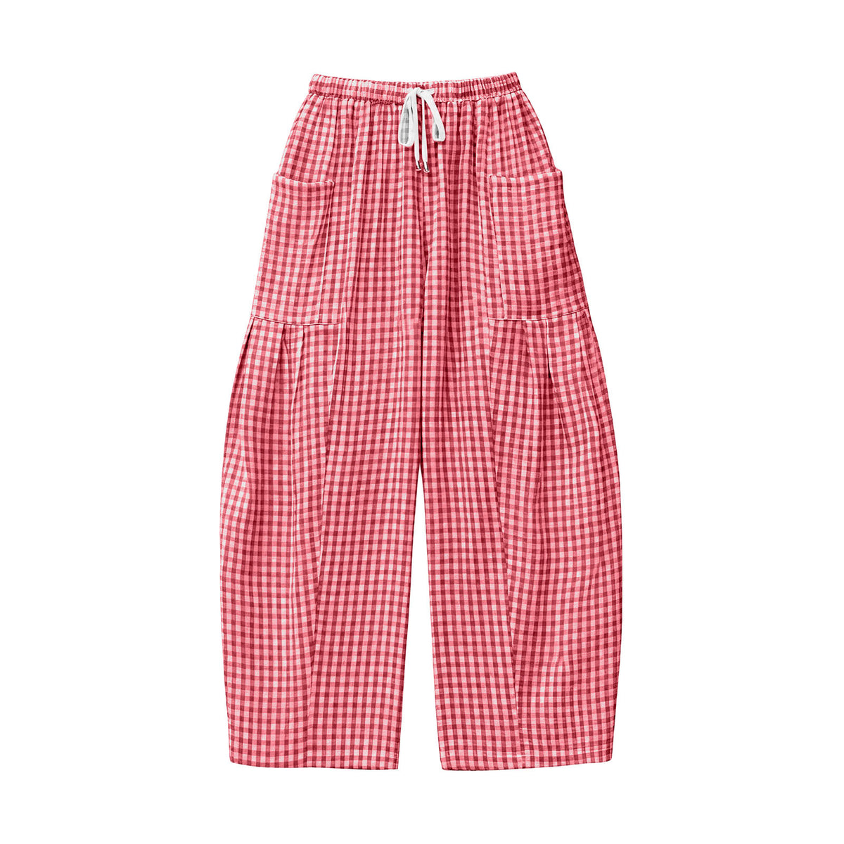 Gingham Plaid Barrel-Leg Casual Wide-Fit Trousers - Red - 2