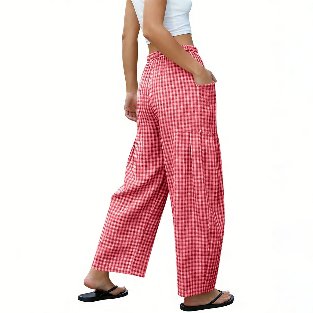 Gingham Plaid Barrel-Leg Casual Wide-Fit Trousers - Red - 3