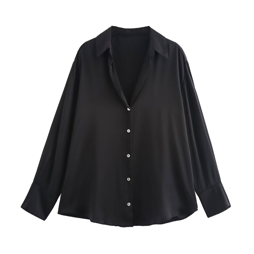 Satin Button Up Relaxed Long Sleeve Shirt - Black