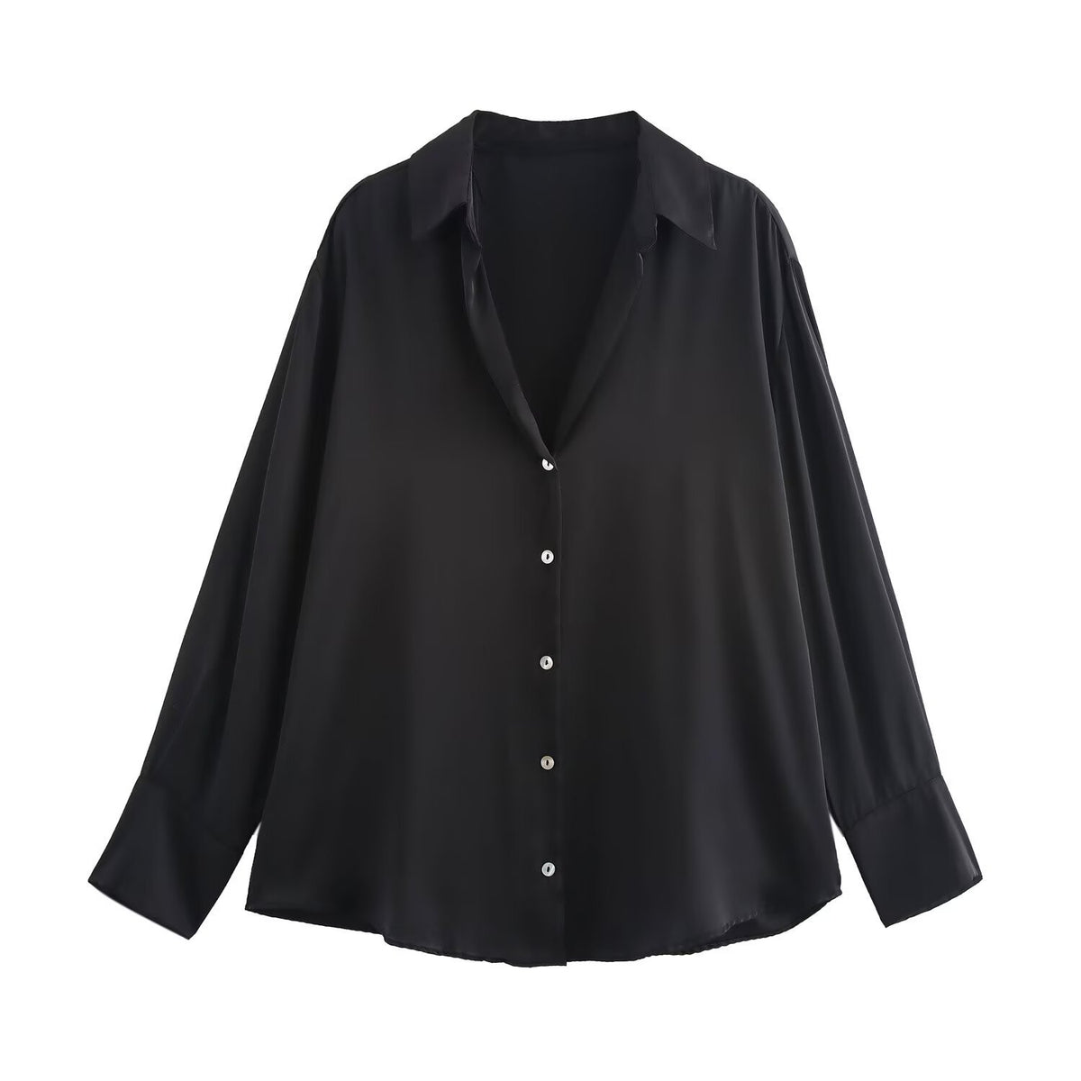 Satin Button Up Relaxed Long Sleeve Shirt - Black