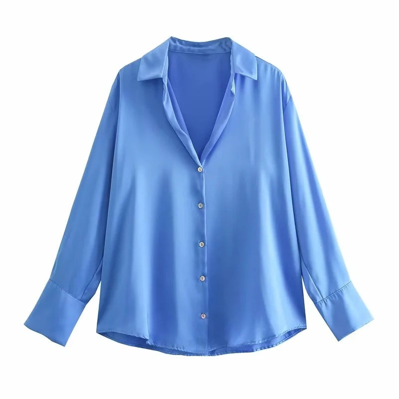 Satin Button Up Relaxed Long Sleeve Shirt - Blue