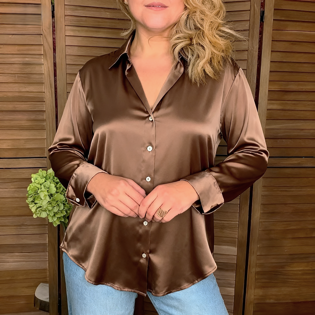 Satin Button Up Relaxed Long Sleeve Shirt - Brown